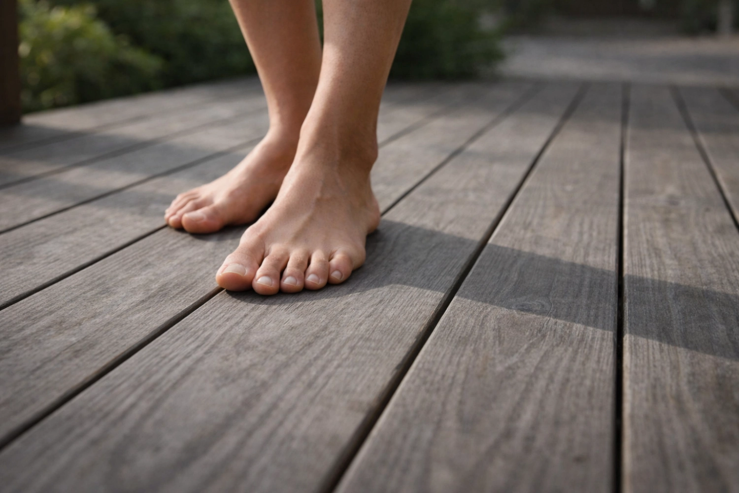 Weathered thermally modified timber decking underfoot in a garden setting