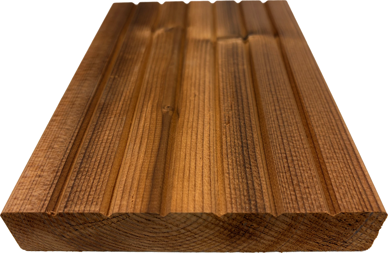 Avara Character thermally modified timber decking board showing its grain and machined profile